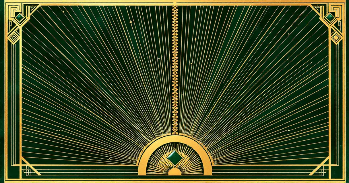 Symmetric Art Deco brass sunburst with a central peptide-bead column and two mirrored receptor rosettes on emerald-onyx