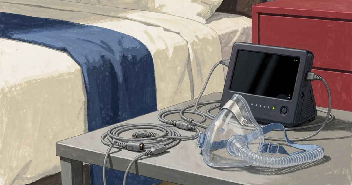 A bedside sleep monitor, sensor cables, and a breathing mask beside a neatly made bed